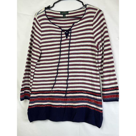 LRL Lauren Jeans Co. Women's Size Med White/Red Long Sleeve V-Neck Striped Top - Picture 1 of 6
